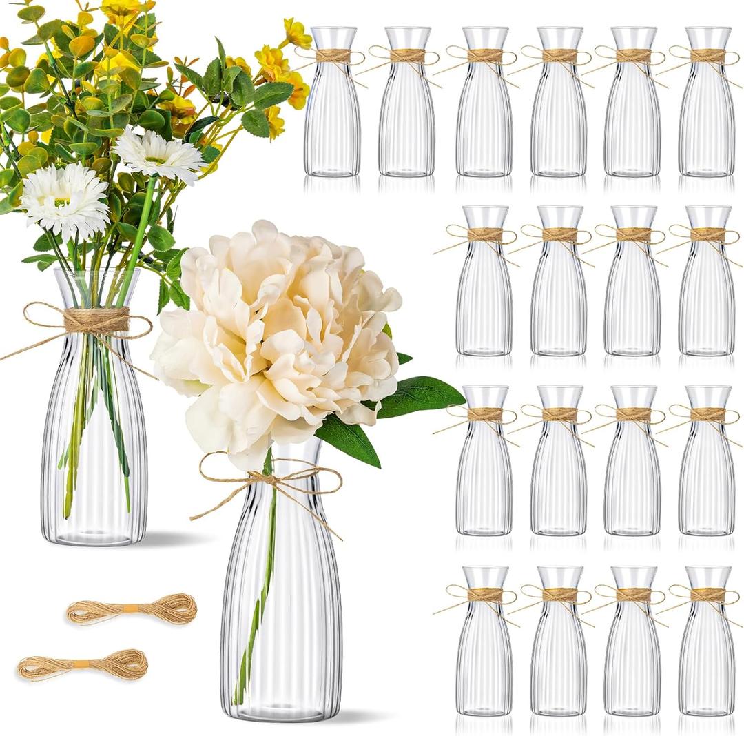 20 Pcs Plastic Flower Bud Vases Bulk with Twines Ropes Small Mini Flower Vases for Centerpieces Decorative Plastic Bottles for Wedding Reception Dining Table Home Decoration (Transparent)