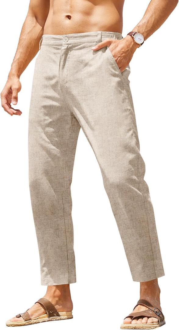 COOFANDY Men's Cotton Linen Pants Elastic Waist Lightweight Casual Pants Relaxed Fit Yoga Beach Pants with Pockets, Size: Small