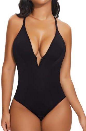 SHAPERIN Bodysuit for Women Shapewear Tummy Control Deep V Neck Plunge Sleeveless Backless Thong Body Suit Tank Top, Black, S