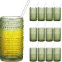 16oz Hobnail Drinking Glasses Set of 12, Vintage Large Capacity Embossed Green Tumblers, Highball Glasses for Water, Cocktail, Beer, Whiskey, Juice & Bar Use