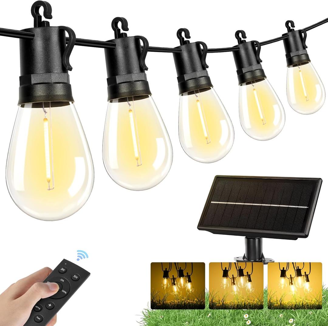 Brightever Solar String Lights for Outside, 50FT Patio Lights Outdoor Waterproof Solar Powered, 3 Lighting Modes Dimmable, 15+1 Shatterproof S14 Edison Bulbs, Solar Outdoor String Lights for Deck