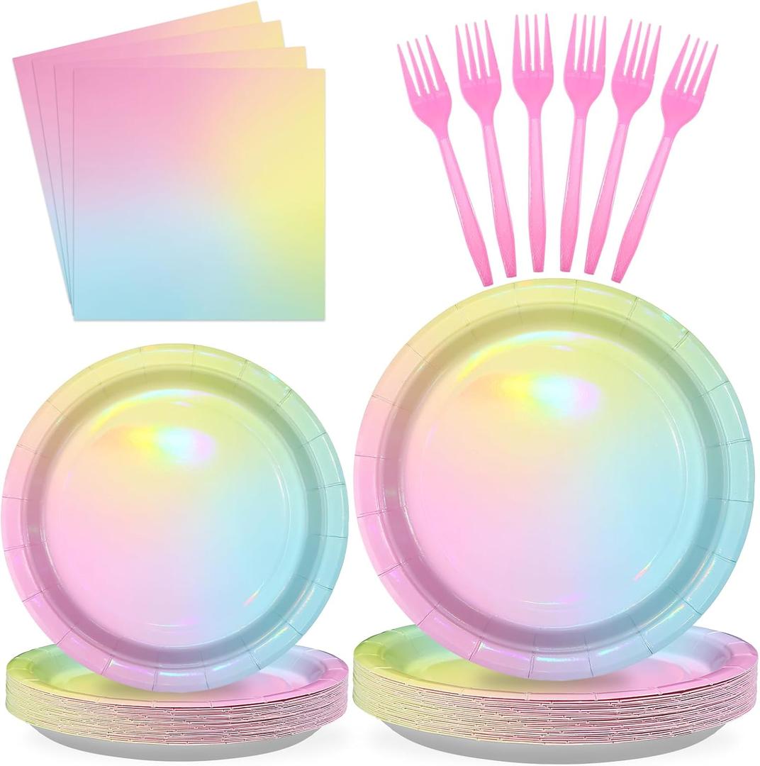 96Pcs Pastel Rainbow Birthday Party Supplies Iridescent Pastel Plates and Napkins Tableware Sets Rainbow Party Decorations for Girls Baby Shower Sprinkle Valentine's Day Party Favors Serves 24