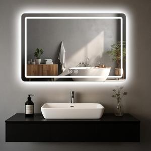 LED Bathroom Mirror, 48 x 36 Inch Anti-Fog Wall Mirror with Lights Stepless Dimmable, Lighted Bathroom Mirrors for Wall, Rectangle Bathroom Vanity Mirror with Front and Backlight