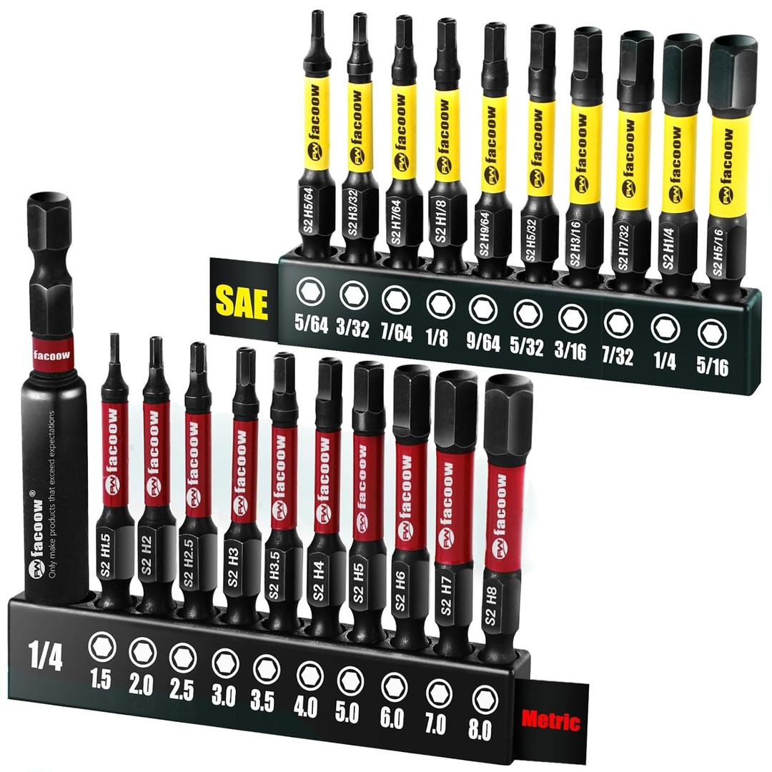 21PCS Impact Hex Bit Set, 2" Long SAE & Metric S2 Alloy Steel Allen Wrench Drill Bits Set with Magnetic Tips, CNC Machined 1/4 Hex-Shank Allen Key Bits with Bit Holder & Storange Box