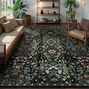 9x12 Black Vintage Floral Area Rug,Washable Large Boho Living Room Rugs,Botanical Print Non-Slip Stain Resistant Lightweight Carpet for Bedroom Dining Room Nursery