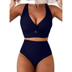Herseas Women's Textured Bikini Sets Twist Front Top Swimsuits High Waisted Bathing Suits (Blue, M)