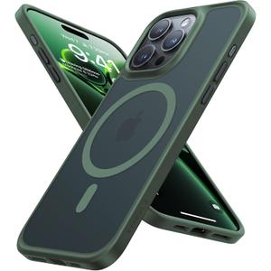 TORRAS Magnetic Shockproof for iPhone 15 Pro Case, [Military Grade Drop Tested][Compatible with MagSafe] Translucent Hard PC Back with Silicone Slim Protective Cover Anti Fingerprint, Green