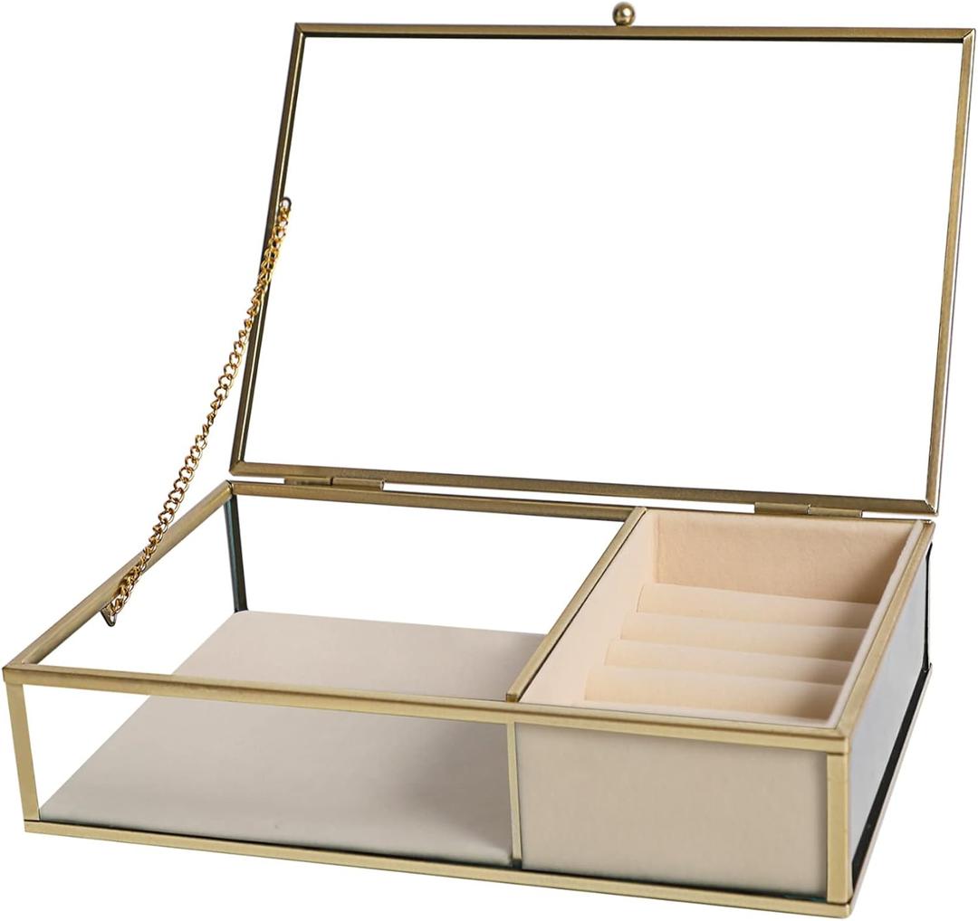 Ylu Yni Glass Jewelry Organizer Box Clear Keepsake Case with Gold Frame with Velvet Tray and Trinket Chest inside, Display Box for Earring Ring, Necklace Mothers Day Gifts (Cream Yellow)
