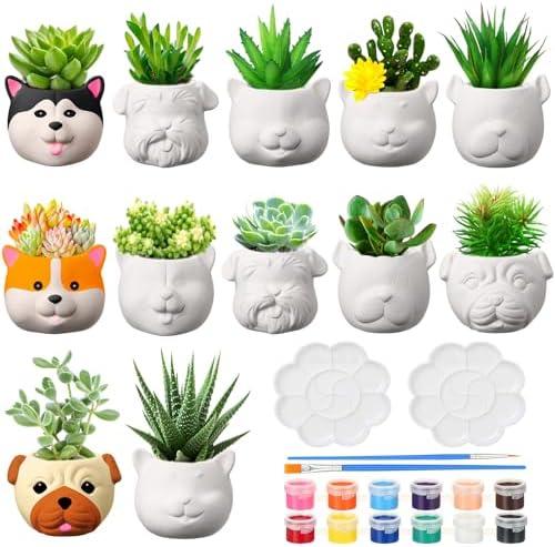 Hushee 6 Sets Ceramic Succulent Planters Paintable Succulent Plant Pots Small DIY Figurines Unpainted Pots with Drainage Hole Color Paints Paintbrushes Palettes(Dog)
