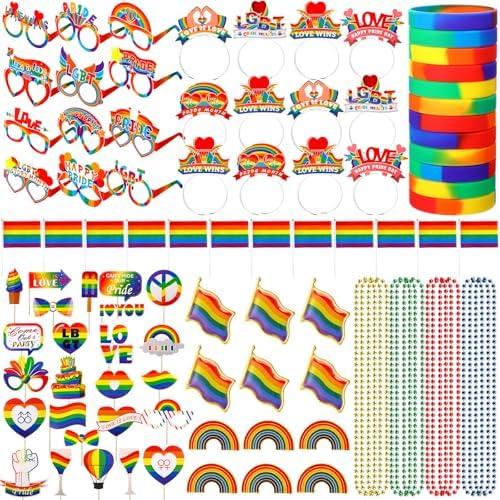 Pack Of 3 Blosssound 97 Pcs Pride parade Kit Include Gay Pride Photo Props Rainbow Glasses Silicone bracelets Hand-waved Flags Necklaces Headbands Brooches Pride Rainbow Accessories LGBT Gifts for Pride Month