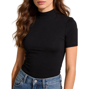 WDIRARA Women's High Neck T Shirts Short Sleeve Fitted Tees Base Layer Tops Black X-Small