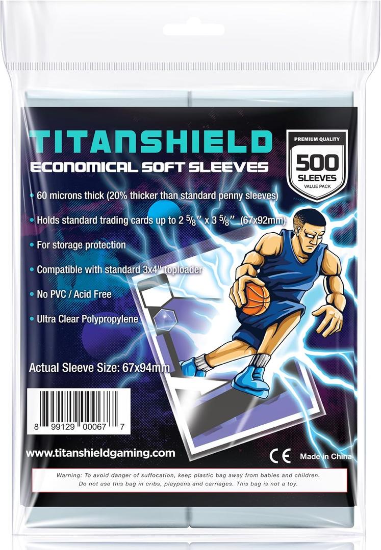 TitanShield 500 Count 60-Microns Thickness Soft Penny Card Sleeves 2-5/8 x 3-5/8 (67x94mm), Ultra Clear (500 Count)