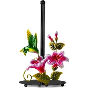 Flower & Hummingbird Decor Paper Towel Roll Holder Countertop - Farmhouse Kitchen Decor and Accessories, Hummingbird Housewarming Gifts for Women Mom Grandma, 3D Handmade Pattern, Weighted Base