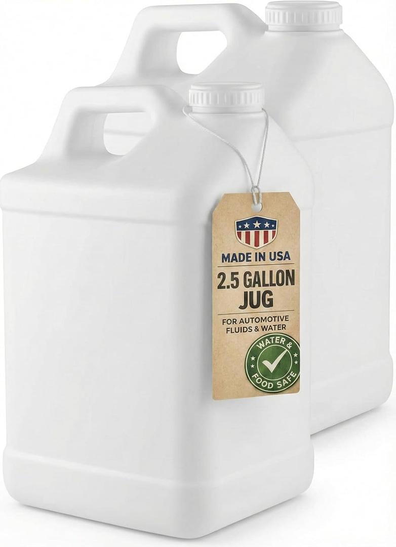kitchentoolz 2.5 Gallon Jug with Lid - White Opaque HDPE Plastic Jug for Used Motor Oil Disposal, Waste Liquid Storage, Coolant & Mixing - Made in USA - Pack of 2