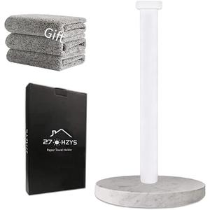Paper Towel Holder Countertop, Standing Paper Towel Roll Holder for Kitchen Bathroom, with Weighted Marble Base for One-Handed Operation (White), White Marble Paper Towel Holder
