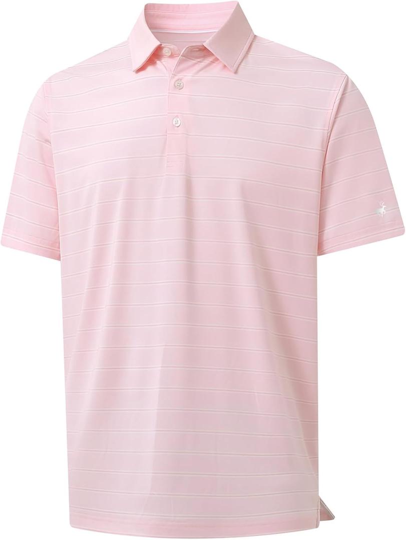 Rouen Polo Shirts for Men Dry Fit Performance Heather Stripe Golf Polo Moisture Wicking Lightweight Breathable Golf Shirts (Pink, XXXL)