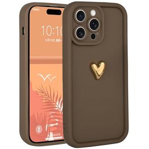 Aleviker Cases for iPhone 15 Pro Cute 3D Golden Heart Design Soft Shockproof Slim Protective Silicone Phone Cover for Women Girls Brown