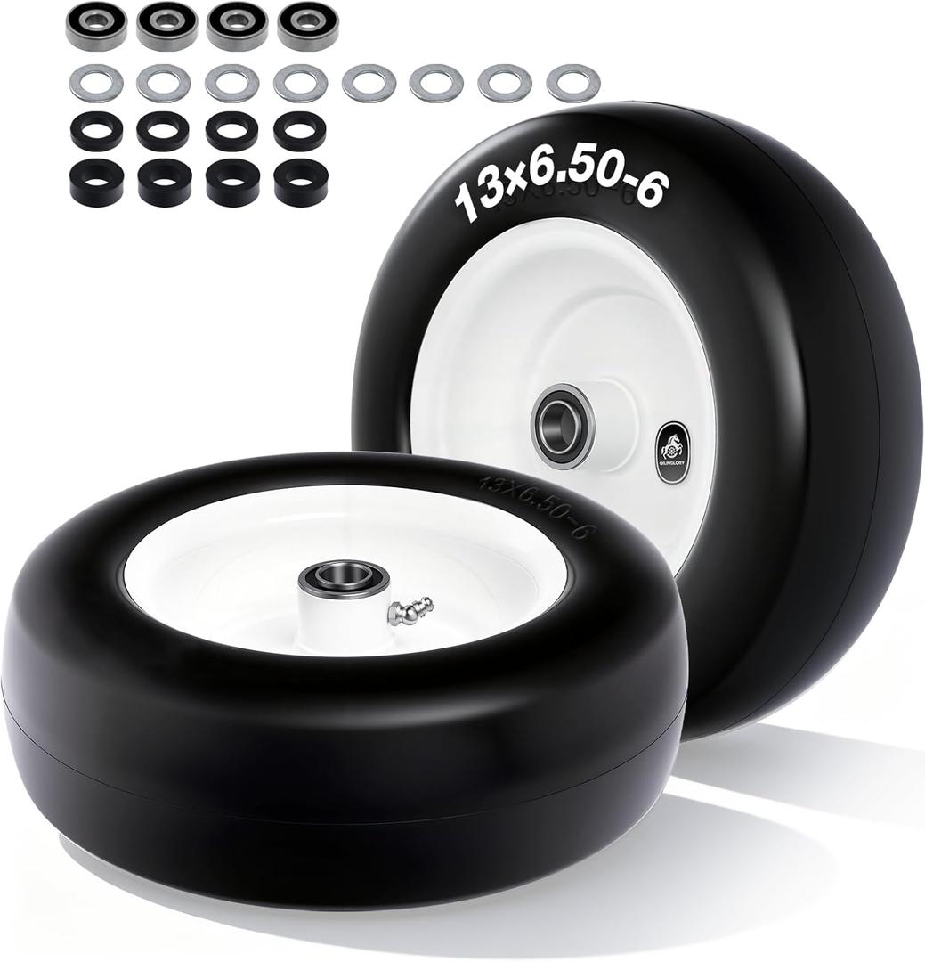 13x6.50-6 Flat Free Lawn Mower Tires and Wheel with 3/4" bearing bore Flat-Free, with 5/8 Bearings & Spacers, Fits Riding Mower, Zero Turn, Garden Tractor, 500 lbs Capacity, 2-Pack