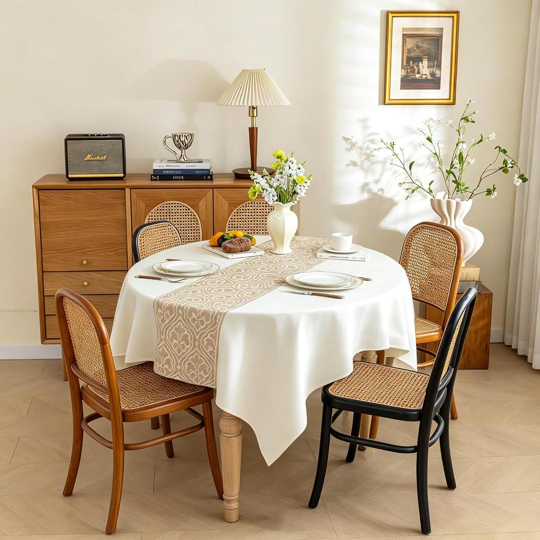 Nordic Beige Round Tablecloth, Premium Drape, Water & Stain Resistant, Elegant Rectangle Table Cover for Dining, Kitchen, Party, Home Decor