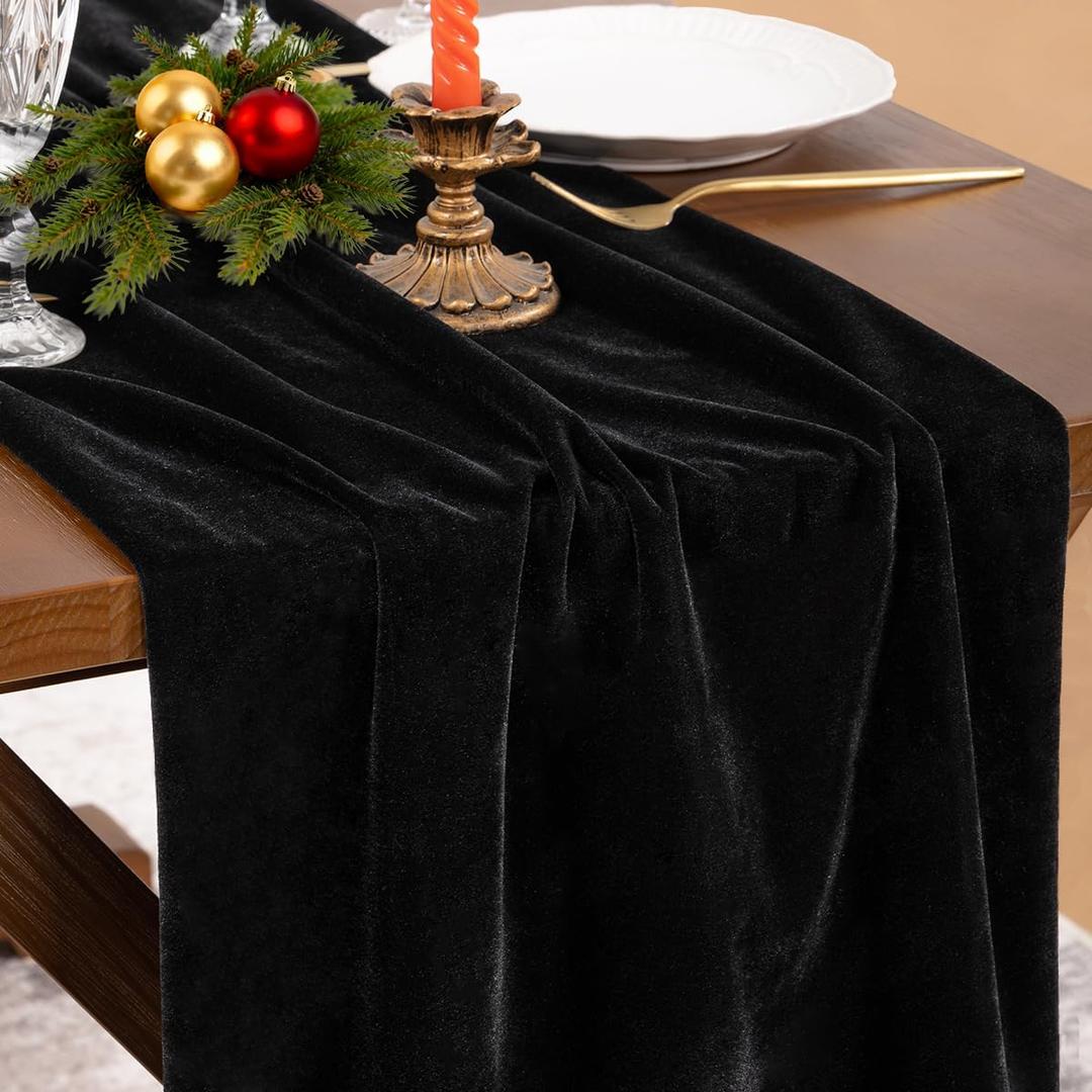 Socomi 4pcs Black Velvet Valentine's Day Table Runner Cloth Decor 20 x 120 Inches 10ft Fabric Luxurious Thanksgiving Wedding Runner for New Year Bridal Shower