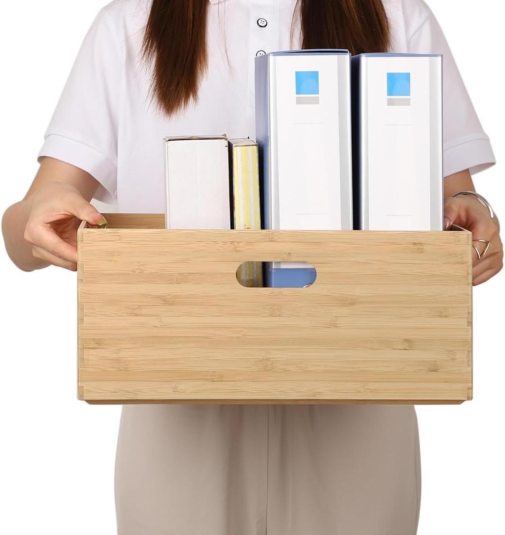 BAMOTTO Lidded Bamboo Storage Bins & Box/Cube/Basket, Home Kitchen and Office Storage Boxes with Handles & Stackable for Organizer Tableware, Clothing, Toys, Office Shelf Books, 14.6x10.2x6.5 (14.6"L x 10.2"W x 6.5"H, Bamboo Natural Color - Medium)