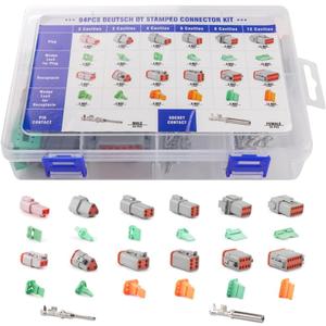 94Pcs 6 Sets Deutsch DT Connector Kit2/3/4/6/8/12 Pin DT Connectors with Size 16 Stamped Contacts, IP68 Waterproof Automotive Boats Connectors, T Stamped Connectors