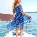 Women's Summer Boho Off Shoulder Midi Dress Ruffle Sleeve Smocked Elastic Waist Flowy Dresses (Blue, M)