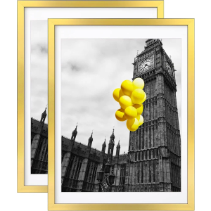 12x16 Picture Frames Set of 2 with Plexiglass, Display Pictures 11x14 with Mat or 12x16 Without Mat for Tabletop Display and Wall Mounting，Gold