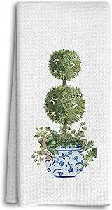 Dwept Blue and White Porcelain Kitchen Towels,Chinoiserie Decor, Preppy Chinoiserie Hand Towels, Watercolor Green Topiary Trees Bathroom Kitchen Decor, Vintage Plant Dish Towels Tea Towels for Kitchen