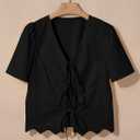 Dokotoo Womens Tie Front Tops Summer V-Neck Puff Short Sleeve Crop Tops Loose Fit Blouses Eyelet Embroidered Shirts
