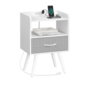 Bedside Table with Charger Station,  Black Drawers and Open Shelves, Bedside Table Black Solid Wood Legs, Bedroom Side Table Black