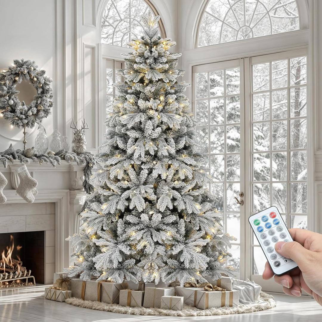 YITAHOME Prelit Snow Flocked Christmas Tree 7.5 FT with Remote, Artificial Hinged Canaan Fir Christmas Tree with 1687 PE & PVC Mixed Tips, 330 Color-Changeable Lights for Home Office Holiday Decor