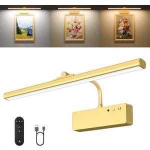 Picture Light, 15.35inch Wireless Picture Lights for Wall Rechargeable, 5400mAh Battery Wall Light with Remote, 3 Color Art Lighting for Paintings with Timer and Dimmable for Display, Gallery (Gold)