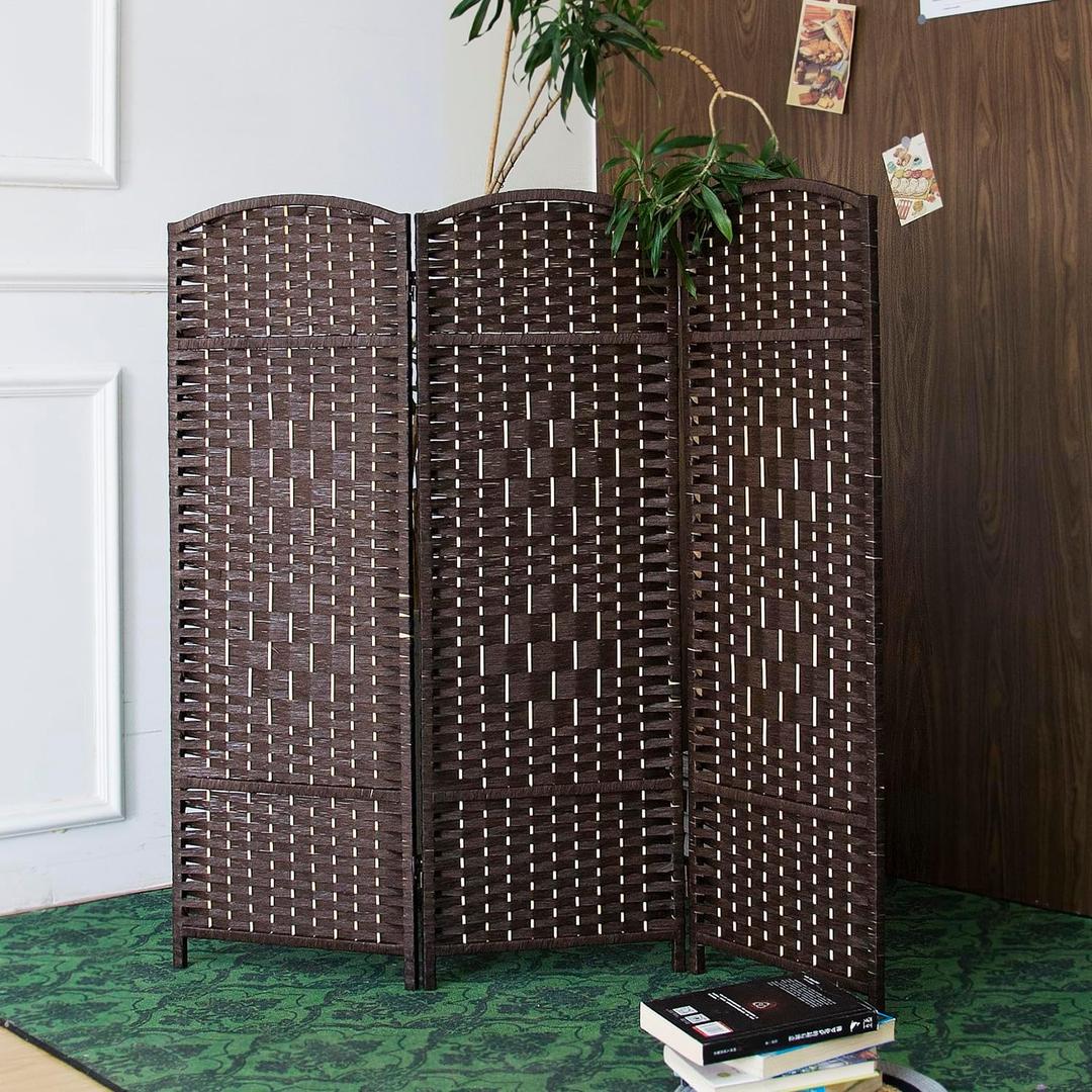 Furnnylane 3 Panel Dark Brown Rattan Room Divider, 47.2" Low Height Double-Sided Folding Privacy Screen, Freestanding Partition Wall for Home Office or Bedroom - Keeps Your Space Open & Airy