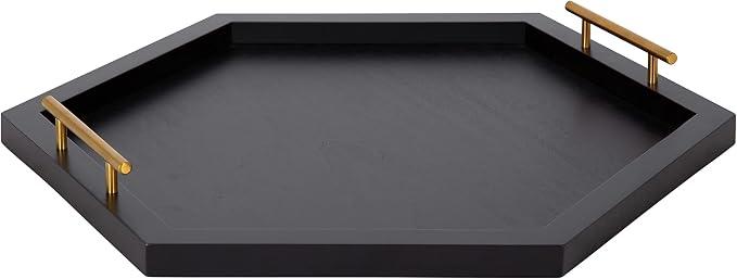 Kate and Laurel Halsey Hexagon Decorative Wooden Tray with Polished Metal Handles; 22 x 19; Black and Gold; Modern Glam Wood Hexagon Serving Tray for Display or Decoration