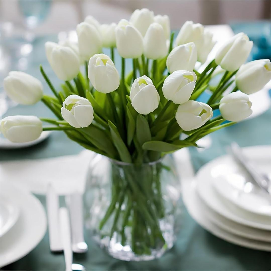 WeTop 30pcs Real Touch Tulips PU Artificial Flowers, Fake Tulips Flowers for Arrangement Wedding Party Easter Spring Home Dining Room Office Decoration. (White)