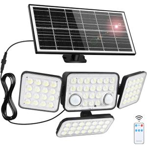 Aialun Solar Security Lights Outdoor with Dual Motion Sensor, 8500K 292 LEDs 4 Heads Split Solar Flood Lights with 16.4ft Cable&Remote Control, 3 Mode Flood Wall Lights for Backyard, Garage-1 Pack