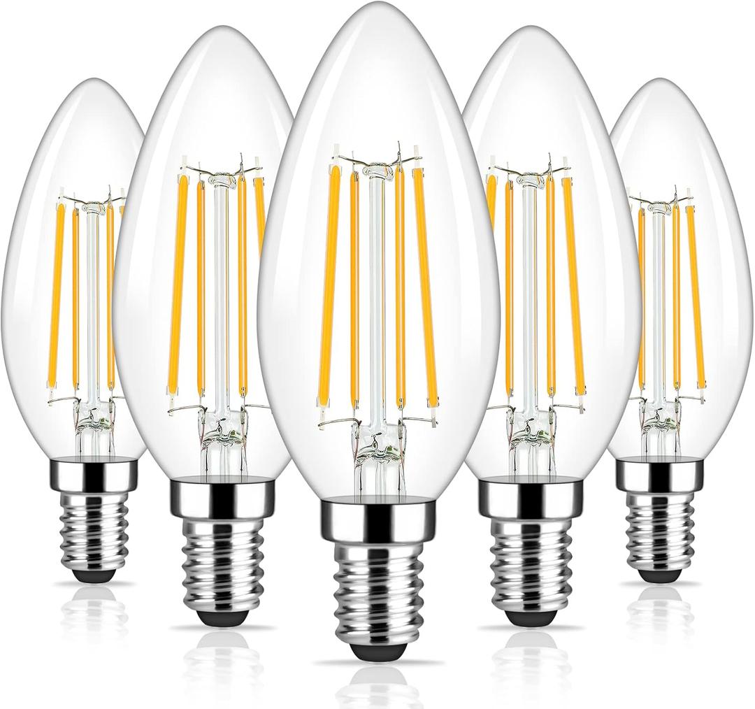 Brightever Dimmable Candelabra E12 LED Light Bulbs 60W Equivalent, 5-Pack B11 6W Chandelier Light Bulbs, 620Lm 2700K Warm White Candle Lightbulbs for Wall Sconce, Clear Glass