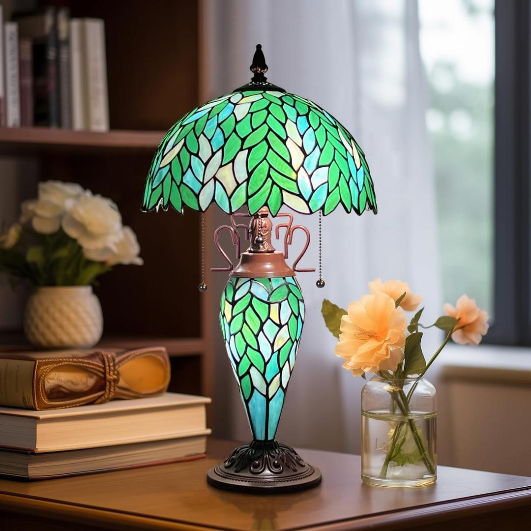 Tiffany Lamp Green Wisteria Stained Glass Table Lamp 3-Lights | Antique Style Nightstand Bedside Reading Light Nightlight for Living Room Bedroom Study Office W12" x H23"