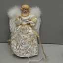 HOHOTIME 12'' Angel Tree Topper with White Feather Wings and Gold Skirt, Christmas Tree Topper with LED Light for Tree Toppers Holiday Ornament Decorations, Gold