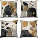 Geometry Set Throw Pillow Covers 18X18 Set of 4, Sofa Bed Couch Modern Home Decor Black and Gold Cushion Case, Abstract Art Luxury Botanical Plant Leaf Chic Decorative Outdoor Living Room