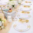 Hioasis 350pcs White and Gold Plates - White Party Plates for 50 Guest, Include 100 Heavy-duty Plates(20% Thicker Than Standard), 150 Cutlery Set, 50 Napkin, 50 Cups