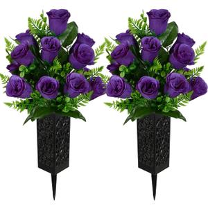 Artificial Cemetery Flowers, Grave Memorial Flowers, Set of 2 Artificial Rose Bouquet with Vase for Cemetery Headstones Gravesites Decoration (Purple)