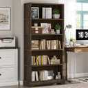 TVU 5-Tier Solid Wood Book Shelf, Floor Standing Bookcase, 65" H 31.5" W 11.8" D Bookshelf, Farmhouse Style Book Case with Arched Base, Suitable for Living Room, Study, Office, Walnut