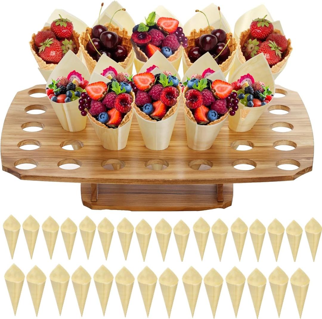 Ice Cream Cone Holder Stand with 100pcs Wooden Cones, 35 Holes Ice Cream Stand, Charcuterie Cones for French Fry Holder, Waffle Cones, Food Display, Catering Supplies, 12"x16"