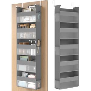 SONGMICS Over The Door Organizer, Hanging Door Organizer with 5 Large Pockets, 5-Tier Fabric Storage, Transparent Nylon Mesh, Foldable, Metal Hooks, with Side Pouches, Dove Gray URDH007G01