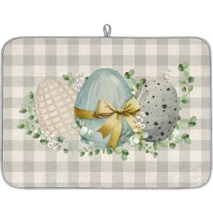 Easter Dish Drying Mat for Kitchen Counter, Easter Egg Buffalo Plaid Dish Drainer Mat Absorbent Non Slip Drying Mats Pad Coffee Bar Mat, 18x24 in