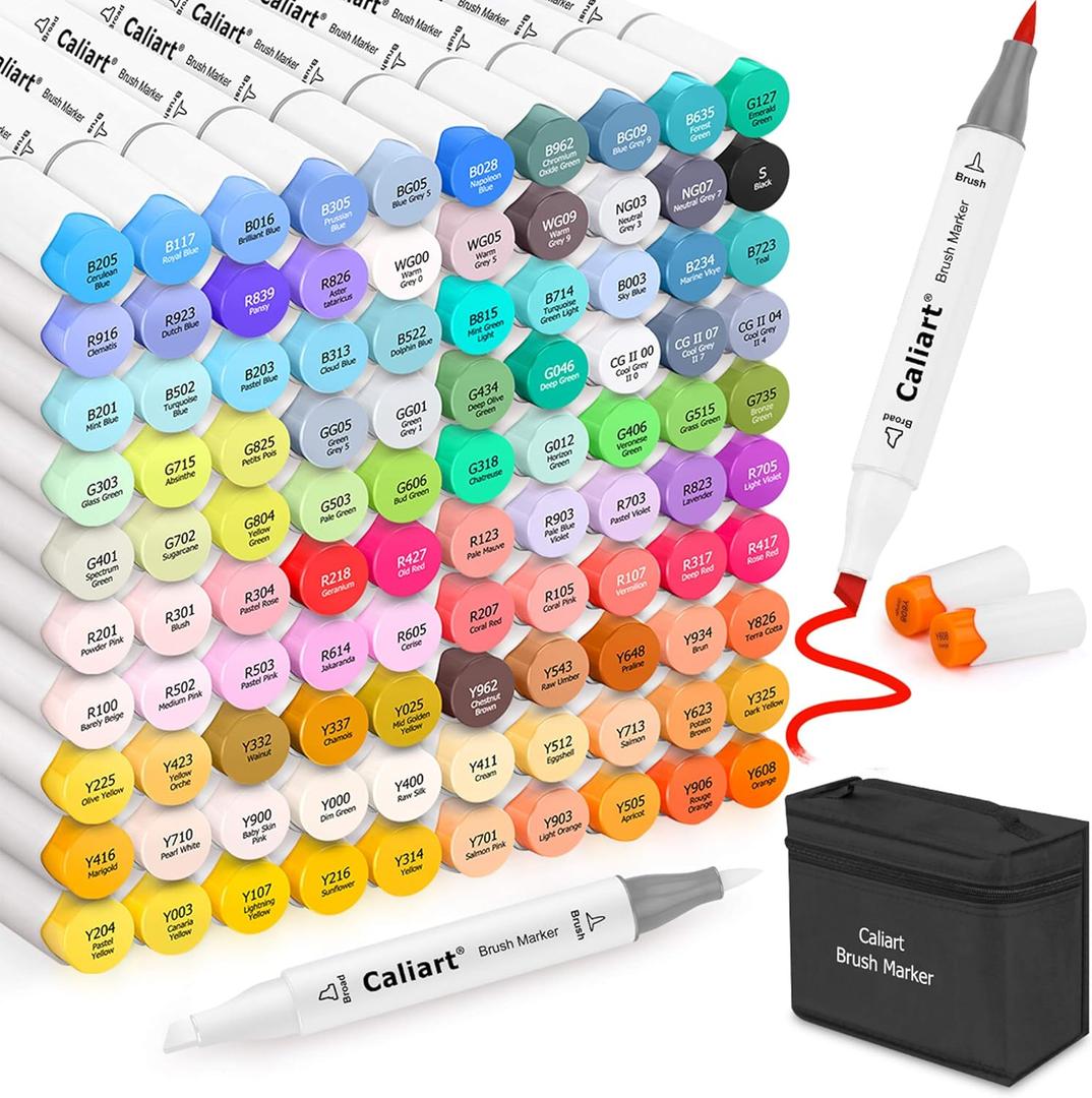 Caliart Alcohol Brush Tip Markers, 101 Colors Adult Coloring Markers Set Dual Tip Chisel & Brush for Artists Drawing Illustration Sketching, with Case Permanent Colored Art Pens Drawing Supplies