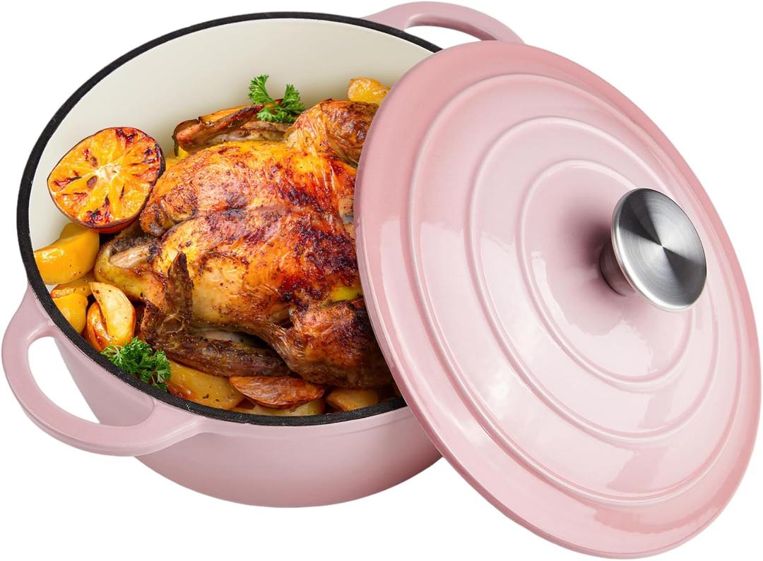 6 Quart Dutch Oven Enameled Cast Iron with Lid - Big Dual Handles - Oven Safe up to 500F - Classic Round Pot for Versatile Cooking Pink