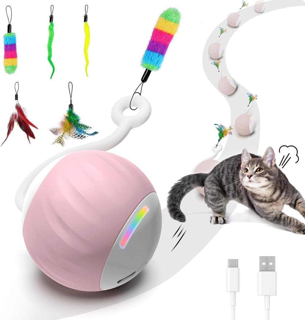 Interactive Cat Toy for Indoor (Sounds&Touch Control) Smart Cat Toys-Automatic Moving Cat Ball Toy-Fast Slow 2Speed with Feathers Tail&Lights for Kittens,Older Cats,Bored Cats,Ferret,USB Rechargeable (Pink)
